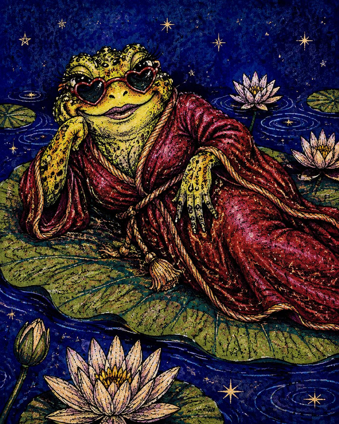 A stylish toad in a red robe reclining on a lily pad