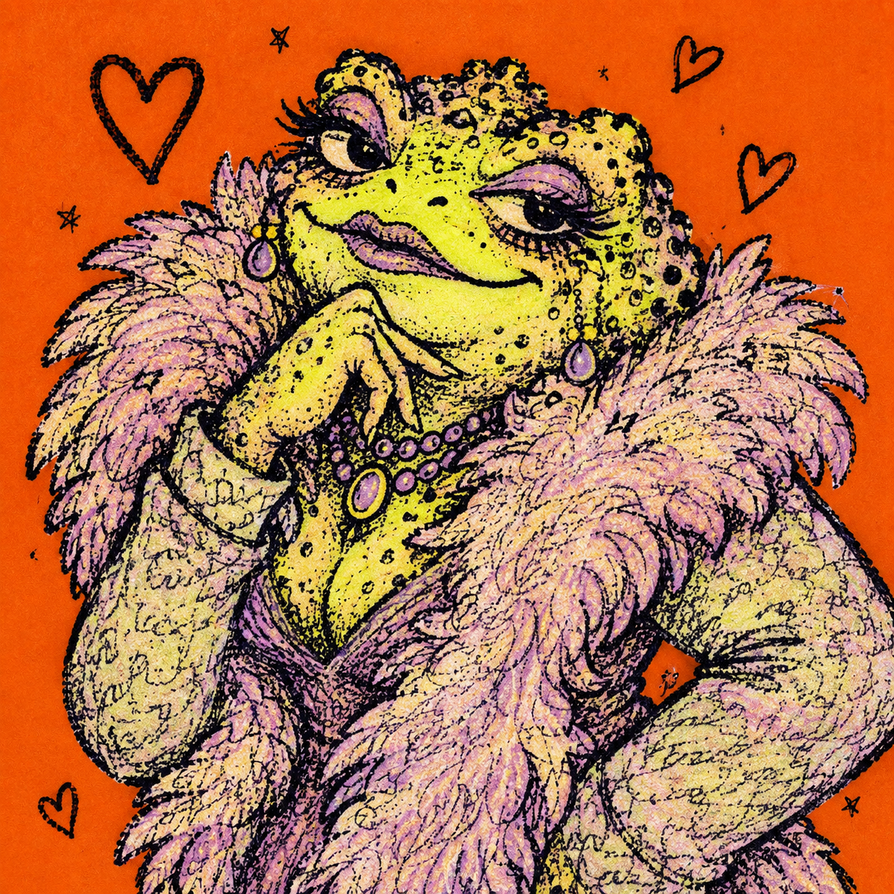 A glamorous illustrated toad in a feather boa